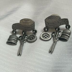 Sewing Earrings Jonette Jewelry Thimble Button Scissors JJ Signed Pewter